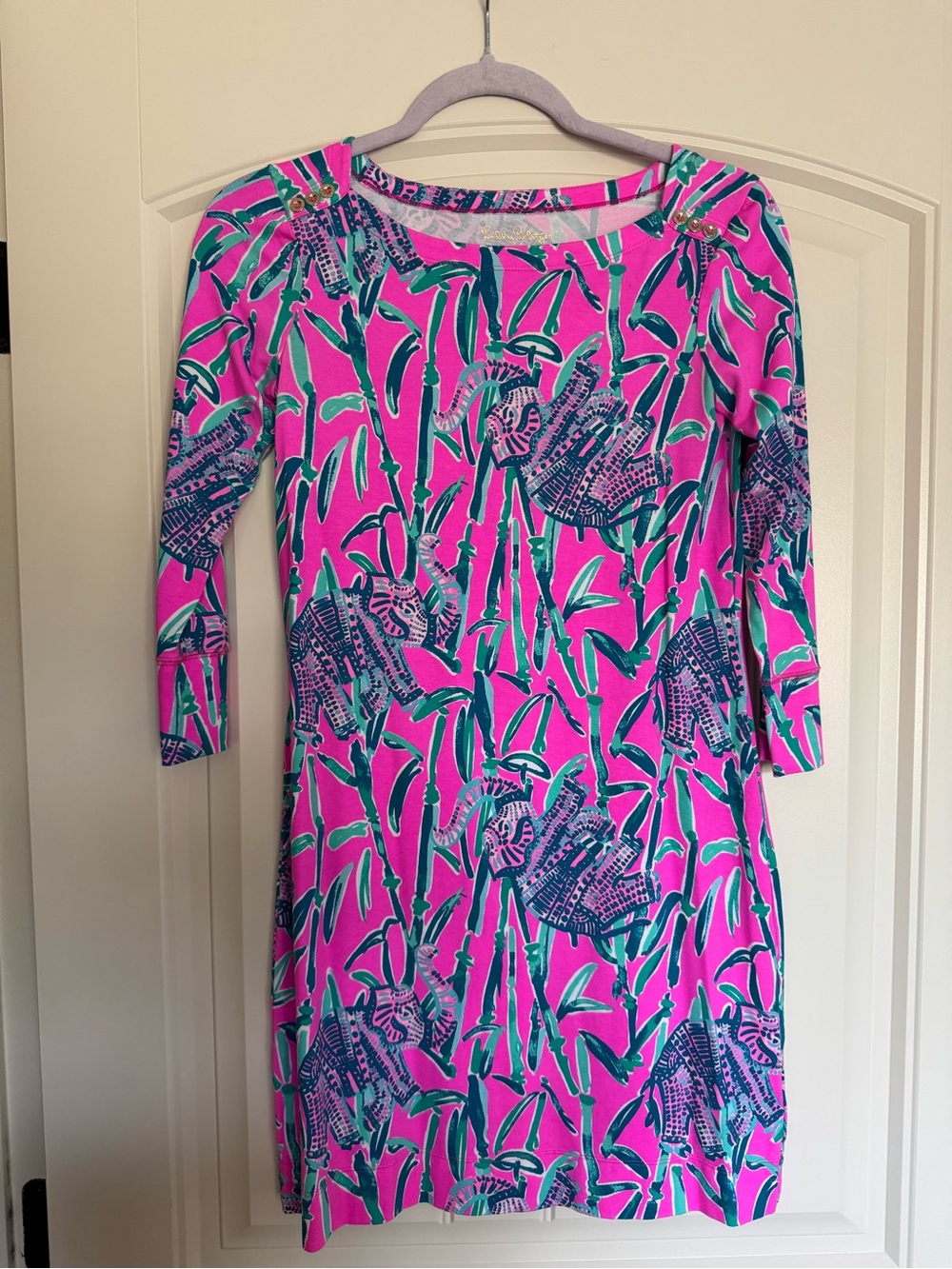 Lilly Pulitzer Hot Pink Shift Dress with Teal & Navy Tropical Print